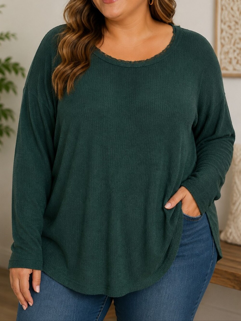 Comfort Curve Dark Green Long Sleeve Scoop Neck Top
